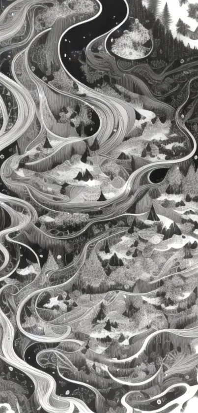 Intricate monochrome landscape with rivers and forests in grayscale art.