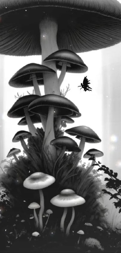 Monochrome wallpaper depicting mystical mushrooms.