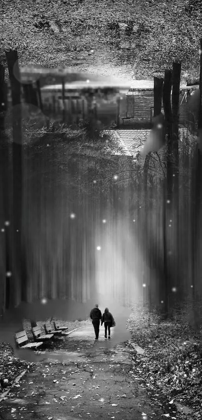 Black and white mystical forest pathway wallpaper.