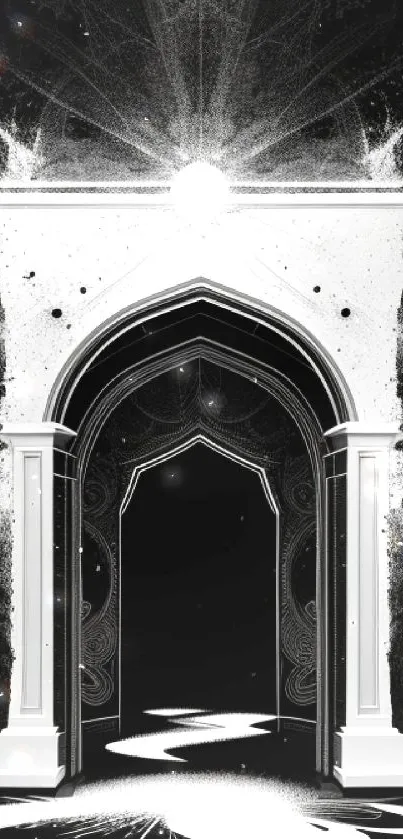 Mystical black and white portal wallpaper with artistic design.