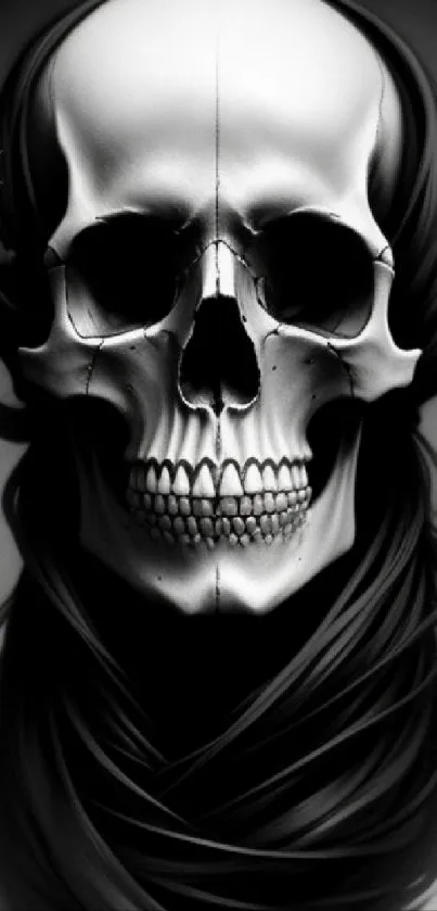 Monochrome skull art with elegant black drapery, creating a mysterious allure.