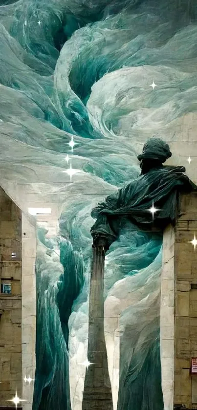 Statue with teal swirling design in a mystical setting.