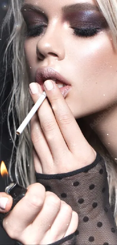 A fashionable person smoking with deep makeup in a dramatic pose.