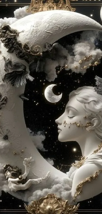 Surreal artwork of moon and female figure in starry night sky.