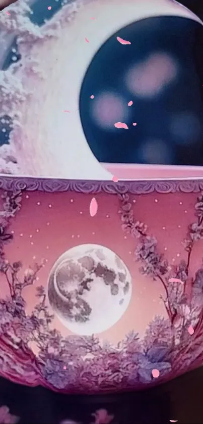 Artistic pink scene with a moon and blossoms.