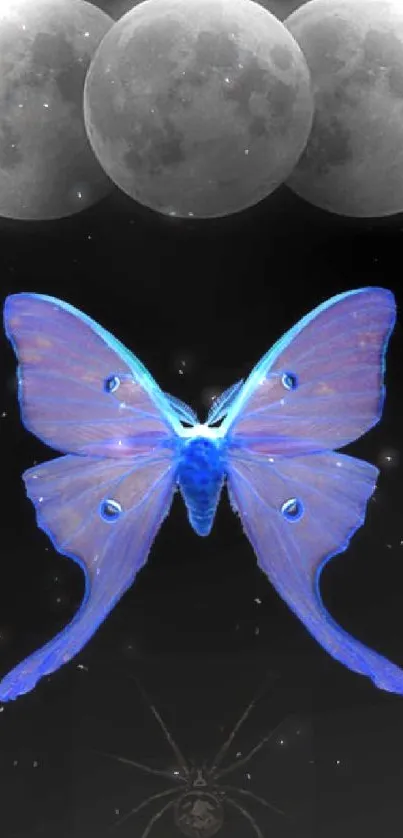 Mystical wallpaper with moons and blue butterfly over dark background.