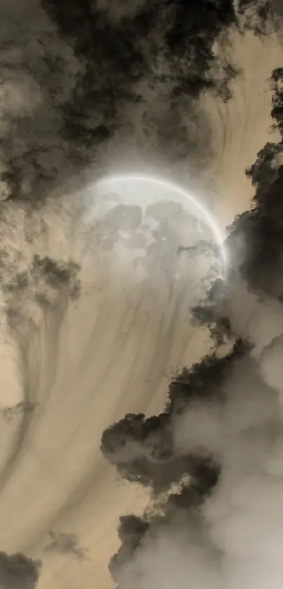 Mystical moon partially hidden by clouds in an ethereal night sky.