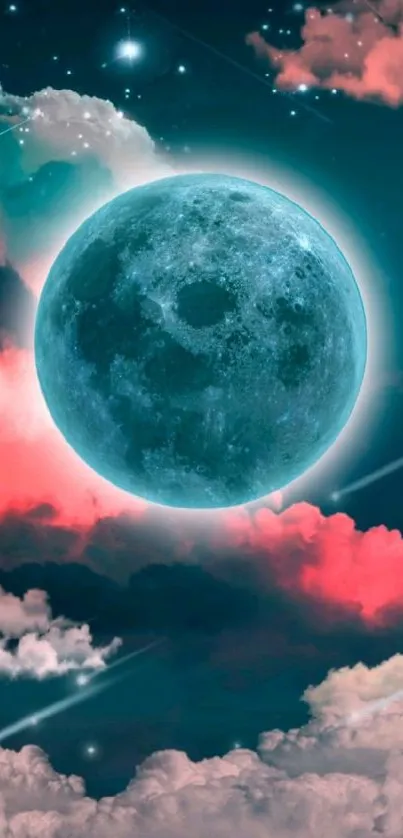 Moon with pink clouds in starry sky wallpaper.