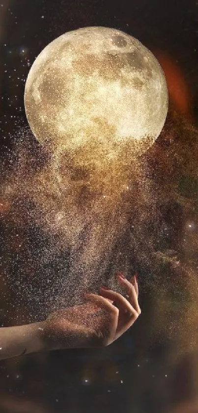 Hand beneath a full moon releasing golden particles against a dark background.