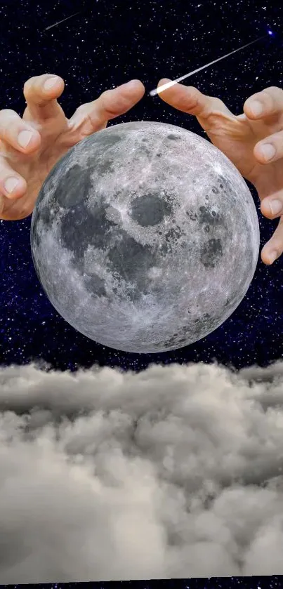 Moon held by hands in a starry night sky with clouds.