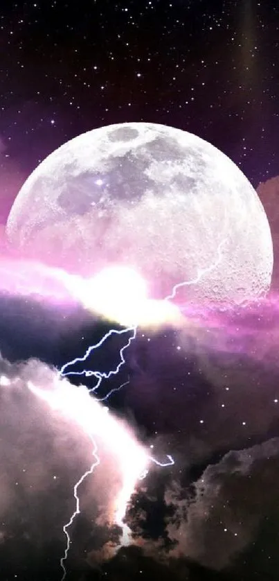 Mystical moon and purple lightning in a starry cosmic sky wallpaper.