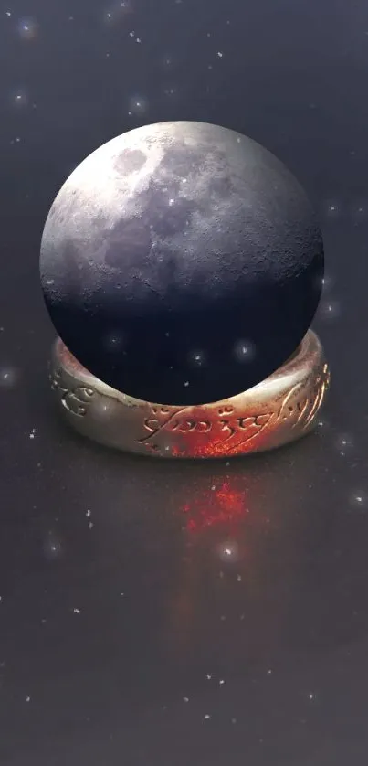 Mystical moon resting on an ornate ring.