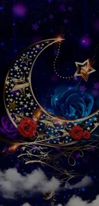 Crescent moon with stars and roses on a dark cosmic backdrop.