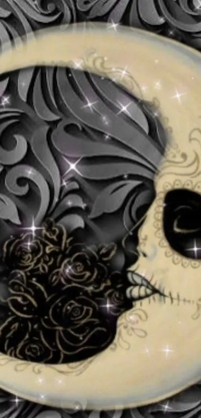 Mystical illustration of a moon with roses and intricate black patterns.