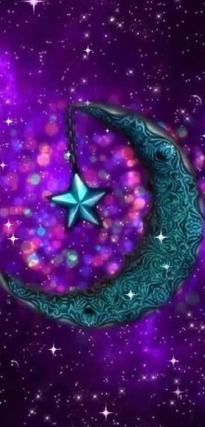 Teal moon with star on purple galaxy background.