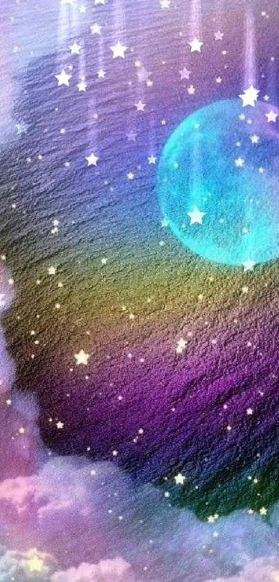 Mystical moon in a galaxy with stars and colorful clouds background.