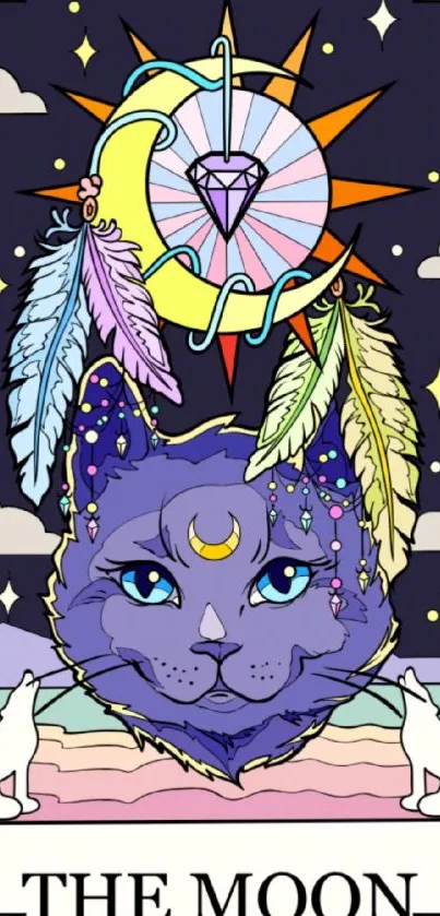 Mystical moon-themed wallpaper with a vibrant blue cat.