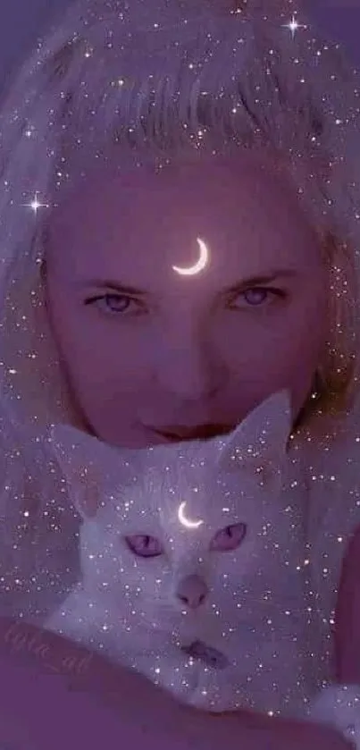 Mystical purple wallpaper of a woman and cat with crescent moon.