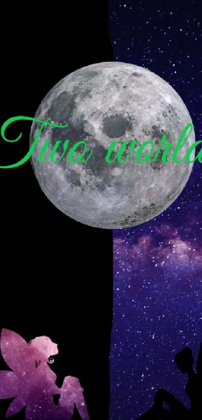 Mystical mobile wallpaper with moon and two worlds theme.