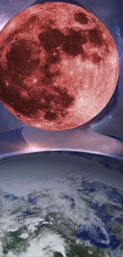 Red moon and Earth mobile wallpaper with cosmic theme.