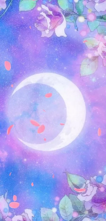 Mystical crescent moon with floral and galaxy background.