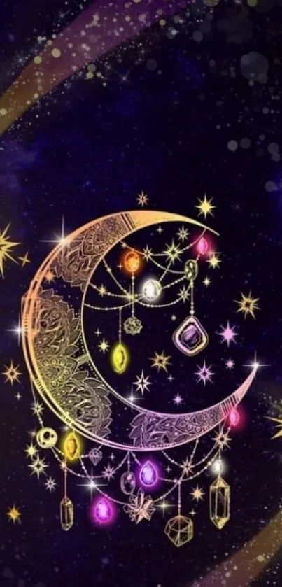 Mystical moon and stars galaxy wallpaper with vibrant cosmic colors.