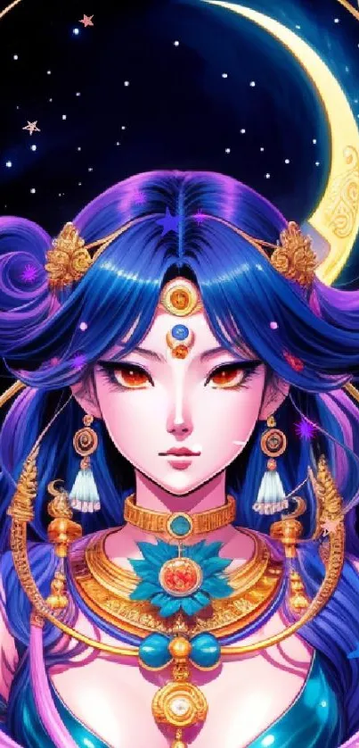 Illustration of a mystical moon goddess with vibrant colors and celestial theme.