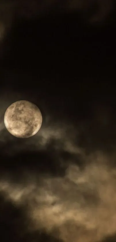 Dark clouds encircle a full moon at night, creating a mysterious atmosphere.