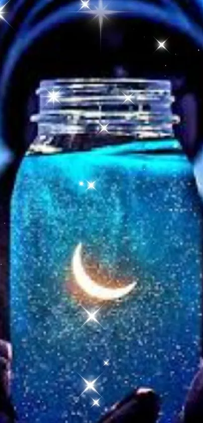 Mobile wallpaper with a glowing moon in a blue jar and sparkling stars.