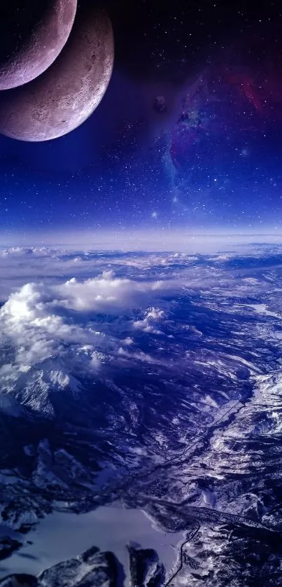 Mystical view of moons over a starry night sky and mountain landscape.