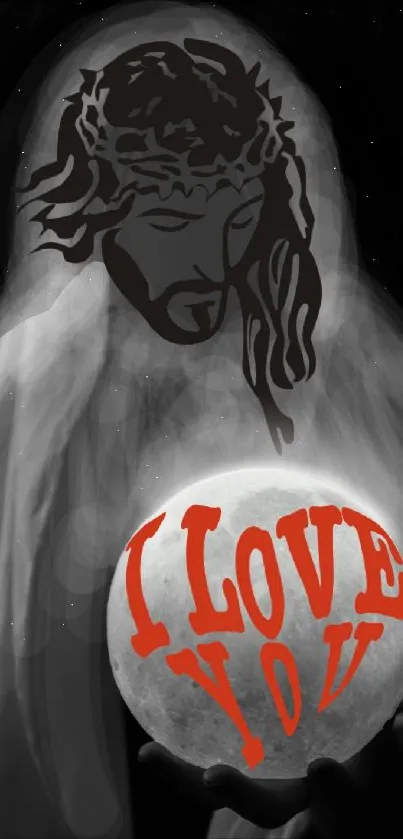 Spiritual artwork featuring a mystical figure with a moon and 'I Love You' message.