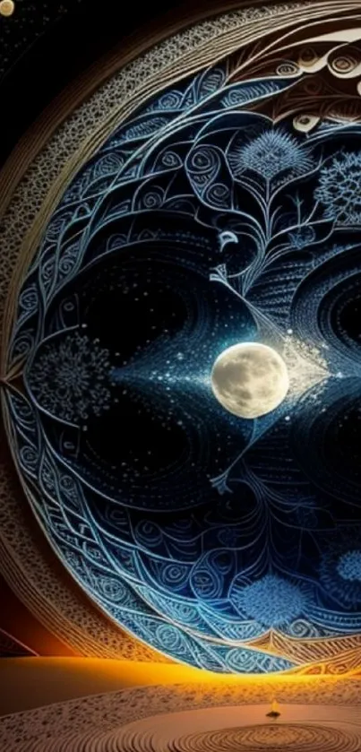 Mystical moon mandala art with cosmic patterns and lunar imagery.