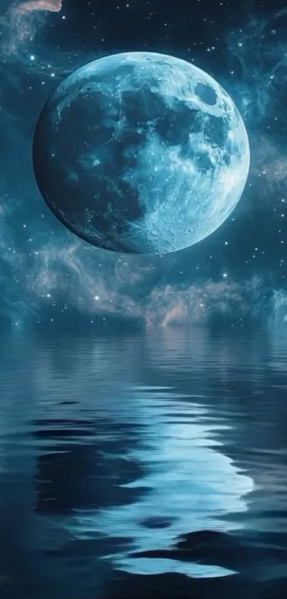 Mystical full moon reflecting over calm waters under a starry sky.