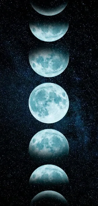 Celestial moon phases against a starry backdrop, perfect for mobile wallpaper.