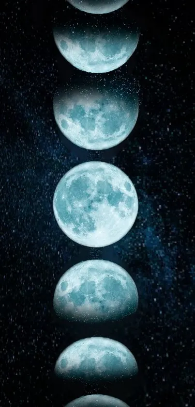 Moon phases mobile wallpaper with dark blue starry sky.