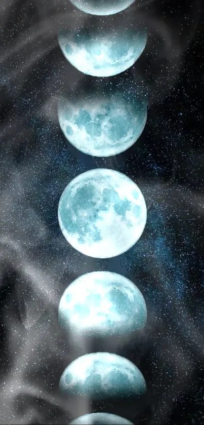 Captivating mobile wallpaper depicting moon phases against a cosmic backdrop.