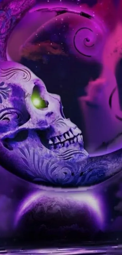 Purple skull on moon with mystical designs.