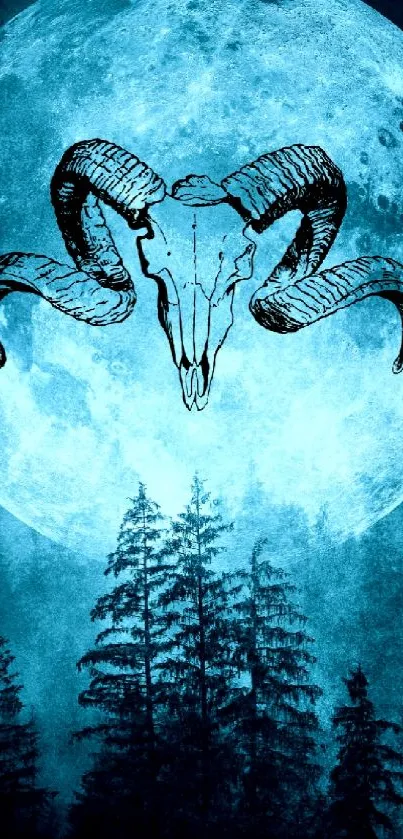 Blue moon with ram skull and forest at night, mystical wallpaper.