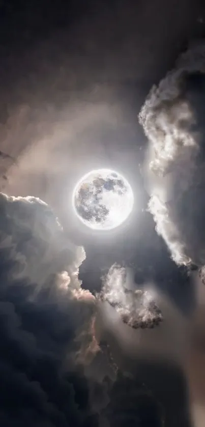 Full moon surrounded by swirling clouds.