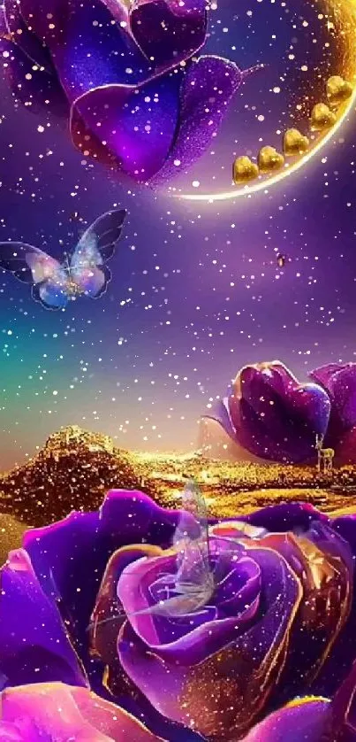 Purple roses and moonlit scene with butterflies in a fantasy wallpaper.