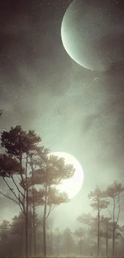 Mystical forest under moonlight with glowing celestial bodies.