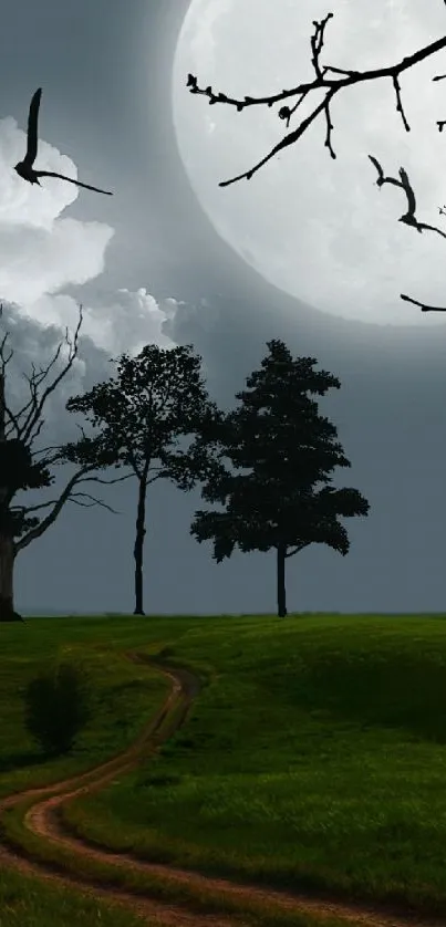 Mystical landscape with trees under a full moon.