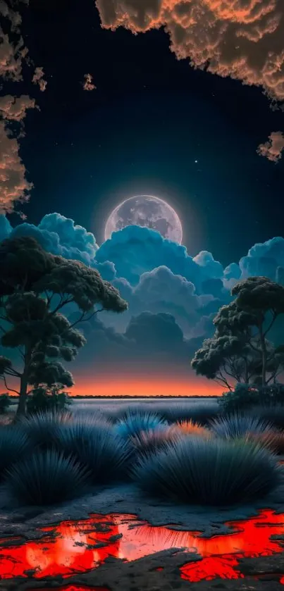 Mystical moonlit landscape with trees and water reflections.