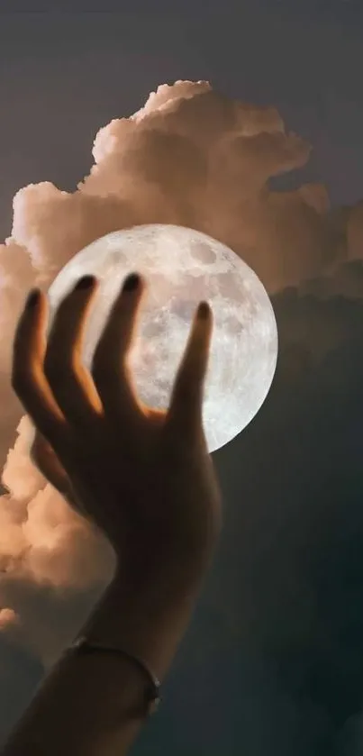 Hand reaching towards a luminous full moon among dark clouds.