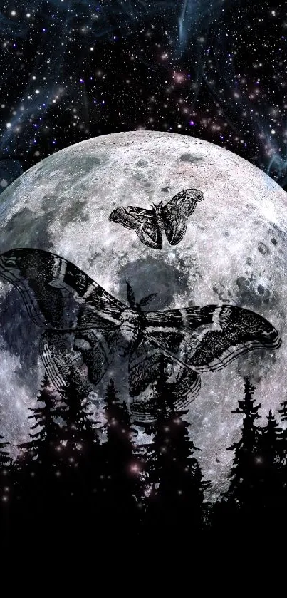 Mystical wallpaper with moon, moths over a forest at night.