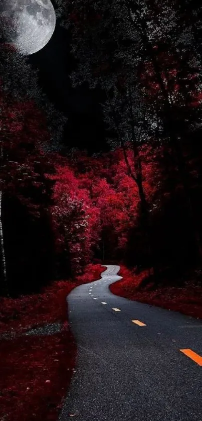 A mystical road under a full moon with red foliage and a dark sky.