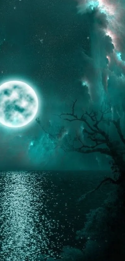 Luminous full moon in mystical teal night sky with shimmering water.