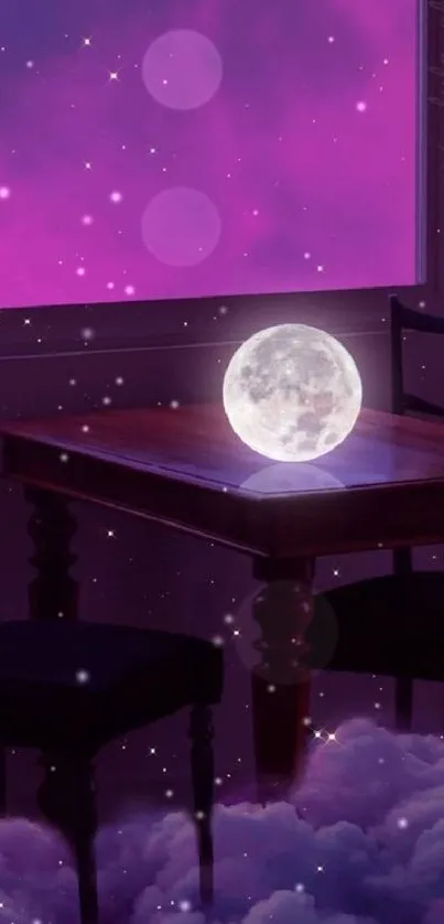 Mystical moon on a table with purple sky and stars.