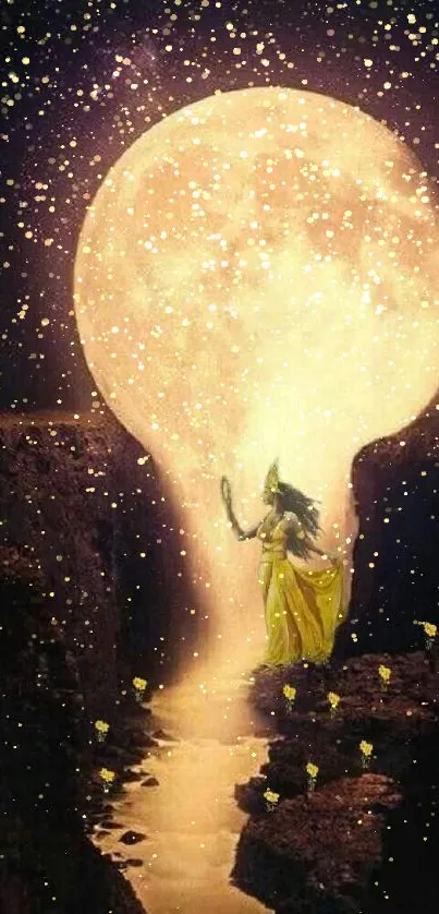 Moonlit path with mystical figure in yellow dress