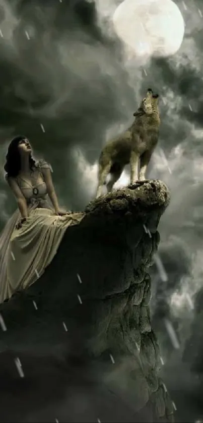 Wolf and woman under moonlight on a cliff in a mystical fantasy scene.